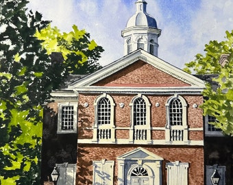 May include: A watercolor painting of a brick building with a white steeple and a weathervane. The building has a large arched doorway and several windows. The building is surrounded by trees and a blue sky.