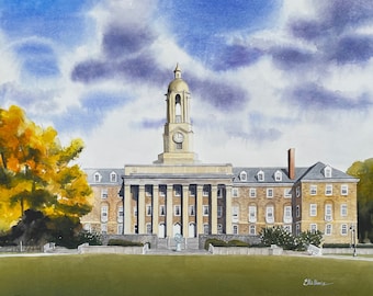 May include: Watercolor painting of a large, beige building with a clock tower. The building has many windows and a large, open courtyard. The sky is blue with white clouds. There are trees in the foreground and a grassy lawn.