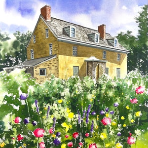 May include: A watercolor painting of a yellow stone house with a green roof and a garden of colorful flowers in front. The house has many windows and a porch with a trellis. The flowers are in bloom and include pink, yellow, purple, and white flowers.