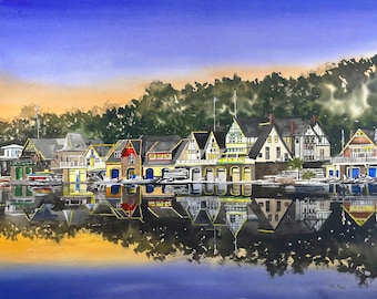 May include: A watercolor painting of a row of colorful boathouses reflected in a still lake. The boathouses are in a variety of styles, with some having gabled roofs and others having flat roofs. The lake is a deep blue color, and the sky is a light blue with a hint of orange in the distance.