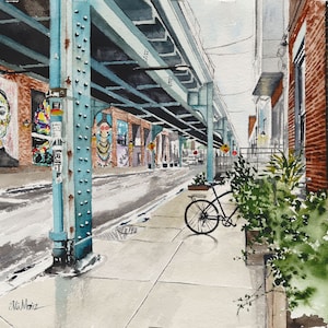 Under the El, Philly, Fishtown.  Matted watercolor print. Philly Wall Art.