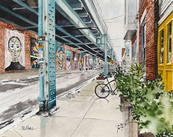 Under the El, Philly, Fishtown.  Matted watercolor print. Philly Wall Art.