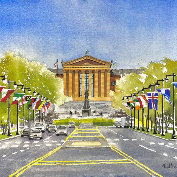 Philadelphia Art Museum and Ben Franklin Parkway. Matted Watercolor Print.