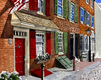 Philadelphia Elfreth's Alley Watercolor Painting, matted print. Old City Philly Wall Art.