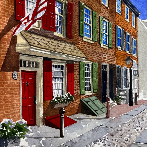 Philadelphia Elfreth's Alley Watercolor Painting, matted print. Old City Philly Wall Art.