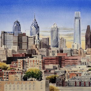 Philadelphia Skyline view from Ben Franklin Bridge. Matted watercolor print