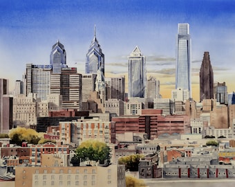 May include: A watercolor painting of the Philadelphia skyline, featuring several skyscrapers, including the iconic Comcast Center, with a blue sky and clouds in the background.