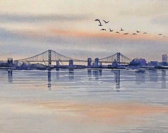 May include: A watercolor painting of a bridge over a body of water with a city skyline in the background. The sky is a light blue with a few clouds. There are birds flying in the sky.