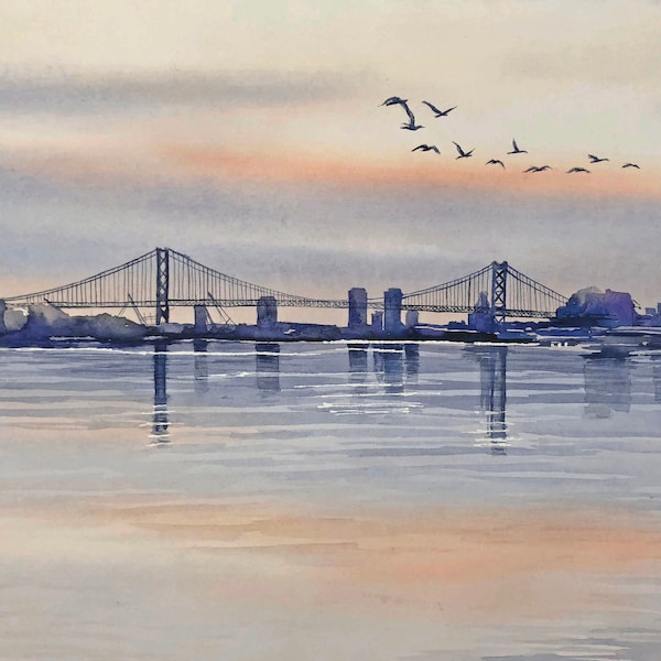 Ben Franklin Bridge. Matted watercolor print. Philly Wall Art.