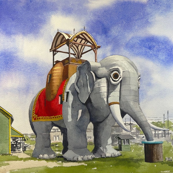 Lucy the Elephant, Matted Watercolor Print. Margate NJ