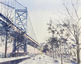 May include: A watercolor painting of a bridge over a river with bare trees in the foreground. The bridge is a steel structure with a gray color. The trees are in the winter, with no leaves. The sky is a light blue color. The painting is done in a realistic style.