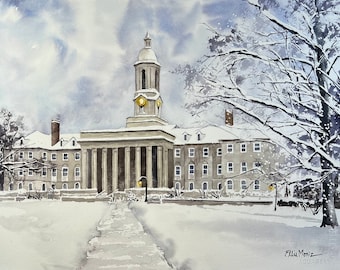 Penn State Old Main in Snow painting. Matted watercolor print