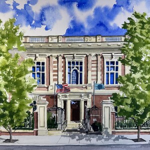 May include: A watercolor painting of a large brick building with white columns and a large entrance. The building has a large window on each side of the entrance and a smaller window above the entrance. There are two trees on either side of the building and a flagpole with an American flag flying in front of the building.