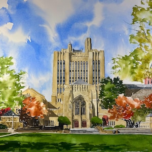 May include: Watercolor painting of a large, beige building with a tall tower and a pointed roof. The building is surrounded by trees with green and orange leaves. The sky is blue with white clouds. The painting is signed "Bill Pintz" in the lower right corner.