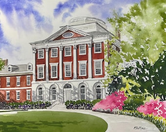 May include: Watercolor painting of a red brick building with white trim and columns. The building has a large, arched doorway and many windows. There are green trees and pink flowers in the foreground.