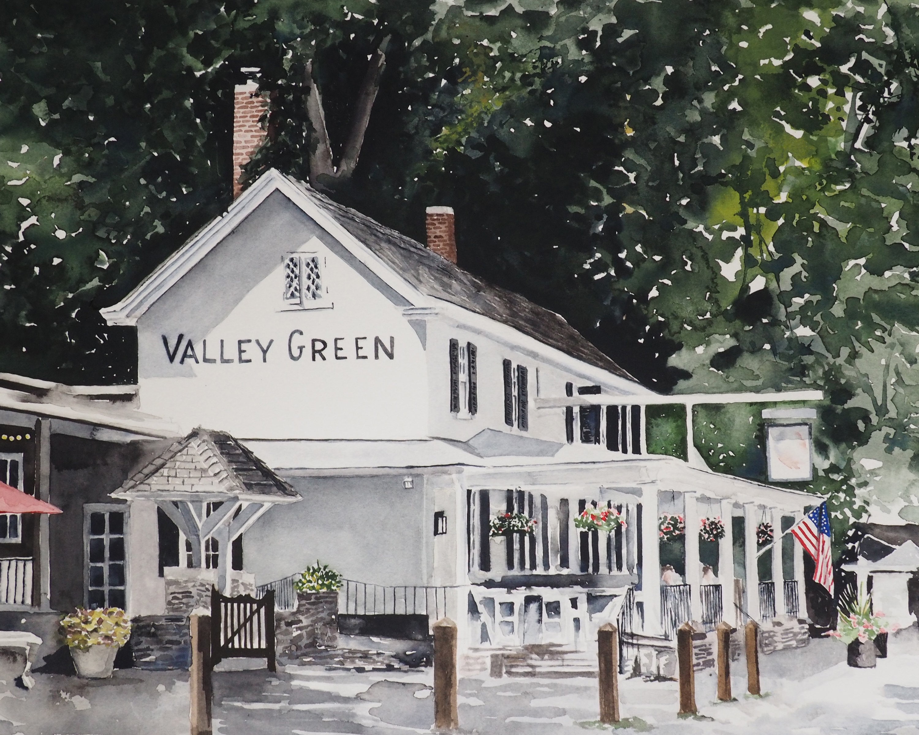 Valley Green Inn in Fairmont Park Philadelphia. Matted Watercolor