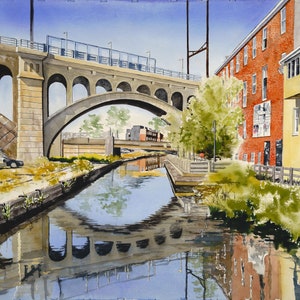 Manayunk Bridge painting. Matted watercolor print. Philly Wall Art.