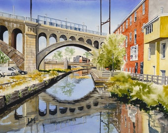 Manayunk Bridge painting. Matted watercolor print. Philly Wall Art.
