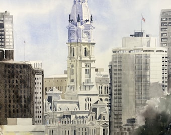 May include: A watercolor painting of the Philadelphia City Hall building with a tall clock tower and a blue sky in the background.