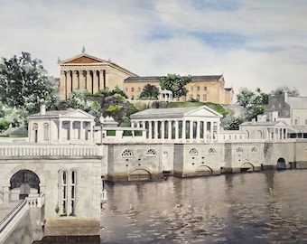 Philadelphia Museum of Art and Waterworks. Matted watercolor print