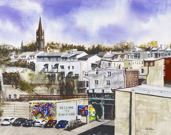 May include: A watercolor painting of a cityscape with a church steeple in the background. The painting features a colorful mural with the text "Welcome to Manayunk" on a wall in the foreground. There are cars parked in front of the wall.