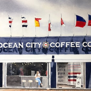 Ocean City NJ Coffee Company Matted Watercolor Print