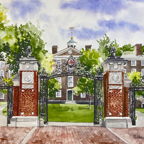 Brown University Van Wickle Gates painting. Matted watercolor print, wall art