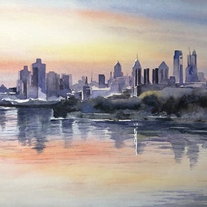 Philly Skyline Watercolor View from Graffiti Pier. Matted Watercolor Print