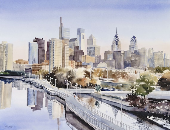 Philadelphia Skyline over Schuylkill River. Matted watercolor print
