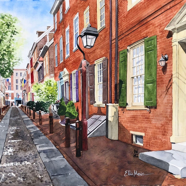 Elfreth's Alley, Philadelphia watercolor print. Matted print of oldest residential street in the US