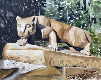 May include: A watercolor painting of a brown lion statue standing on a stone pedestal. The statue is in a forest setting with green trees and foliage in the background. The artist's signature, "Ellie Moniz", is visible in the lower right corner.