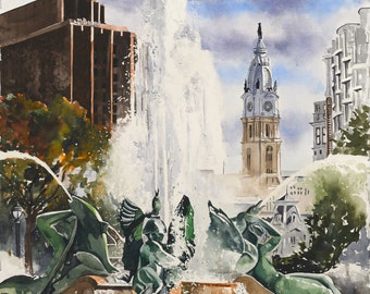 May include: A watercolor painting of a fountain in front of the Philadelphia City Hall. The fountain is surrounded by green sculptures and has a large, white water jet shooting high into the air. The city hall is a tall, brown building with a clock tower and a statue on top.