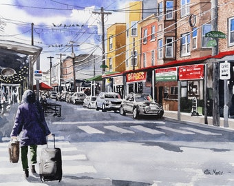 Philadelphia Italian Market painting. Philly matted watercolor print