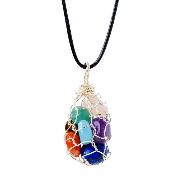 Vibrant Chakra Stone Pendant – Handcrafted Wire-Wrapped Multi-Colored Gemstone Necklace