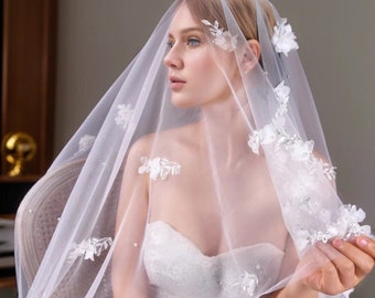 Voile de mariée cathédrale avec appliqué floral - Tulle luxueux avec fleurs 3D, voile de mariée élégant avec longue traîne