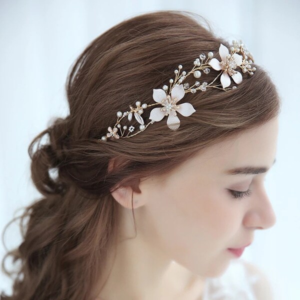 Gold Floral Bridal Hair Vine - Handcrafted Pearl and Crystal Wedding Headband - Romantic Boho Bride Hairpiece - TulleBridals Exclusive