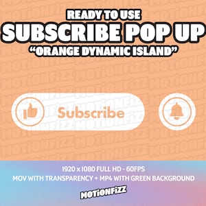 Può includere: Un'animazione digitale di un pop-up di iscrizione per un canale YouTube. Il pop-up è arancione e ha un'icona di pollice in su e un'icona di campana. Il testo "Iscriviti" è in bianco su sfondo bianco. Il testo "READY TO USE" e "SUBSCRIBE POP UP" è in nero su sfondo arancione. Il testo "ORANGE DYNAMIC ISLAND" è in bianco su sfondo arancione. Il testo "1920 x 1080 FULL HD - 60FPS" è in bianco su sfondo blu. Il testo "MOV WITH TRANSPARENCY + MP4 WITH GREEN BACKGROUND" è in bianco su sfondo blu. Il testo "MOTIONFIZZ" è in bianco su sfondo blu.