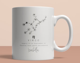 Personalized Zodiac Sign Constellation Name Mug for Women & Girls, Custom Name Coffee Mug, Floral Design, Botanical, Decor, Gift, Astrology