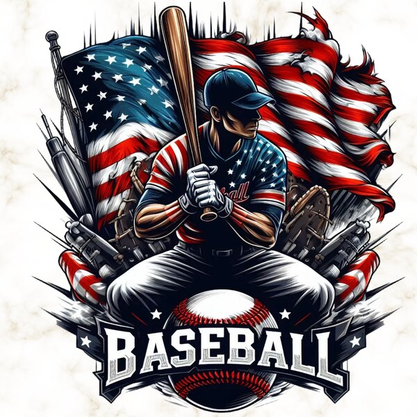 Vintage Baseball Player American Flag Digital Png File, Instant Download, Patriotic Baseball US Flag T-shirt Design, Baseball Team Png