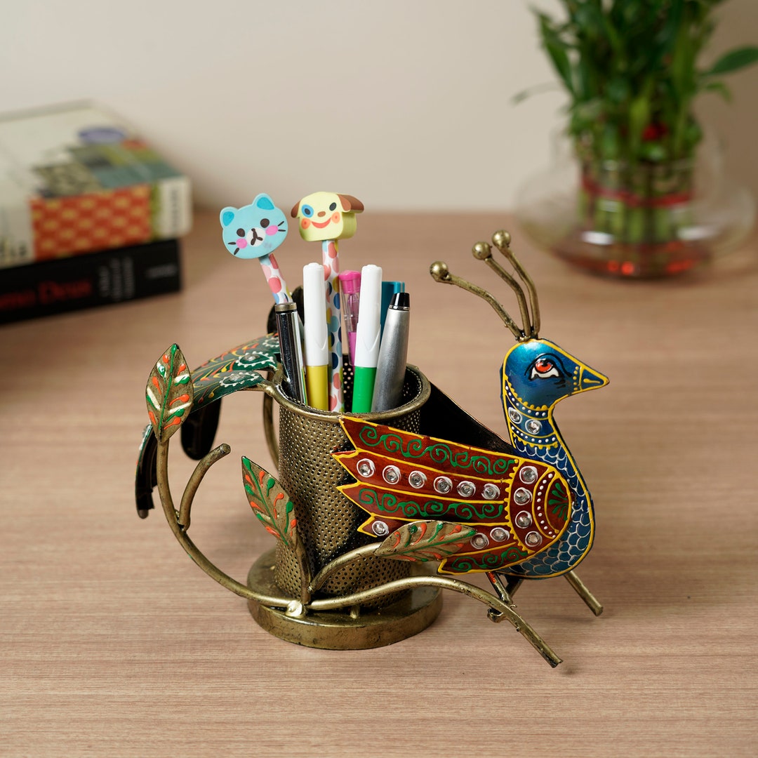 Peacock Feathered Pen Stand Peacock Themed Metal Pen Holder Etsy
