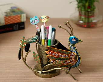 Peacock feathered pen stand, Peacock themed metal pen holder