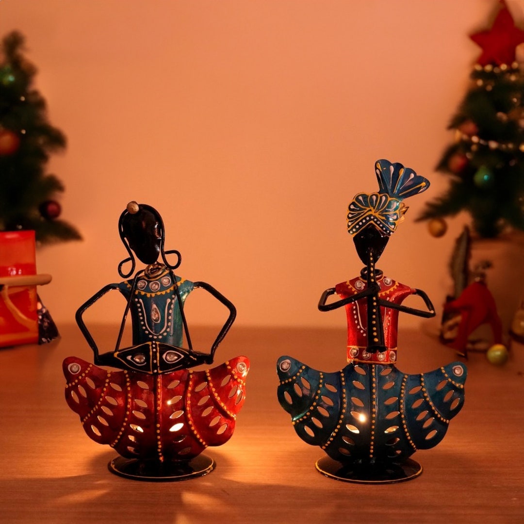 Indian Musician Candle Stand Iron Hand Painted Couple Figurines Tea