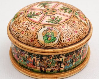 Camel bone fitted round wooden jewellery/storage box with miniature painting and antique finish