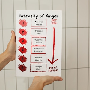 May include: A white card with a red arrow pointing down. The card has a scale of anger intensity from 1 to 6. Each level is labeled with words describing the intensity of anger, such as "annoyed", "irritable", "frustrated", "humiliated", "furious", and "enraged". The card also includes the text "JUST FINE" and "OUT OF CONTROL".