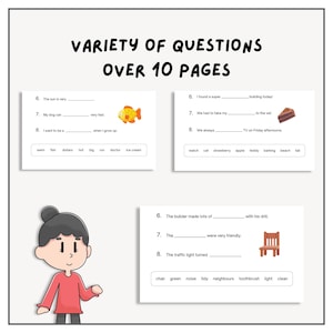 May include: A worksheet with fill-in-the-blank sentences for kids to practice their vocabulary and grammar skills. The worksheet features colorful illustrations of a goldfish, a chair, and a piece of cake. The sentences include words like "sun", "dog", "building", "traffic light", and "builder".