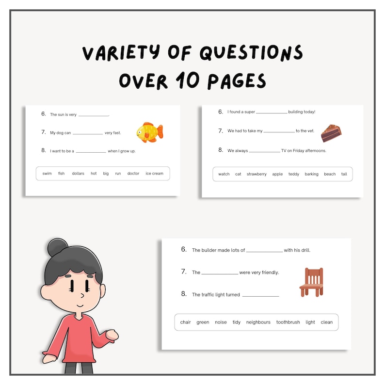 May include: A worksheet with fill-in-the-blank sentences for kids to practice their vocabulary and grammar skills. The worksheet features colorful illustrations of a goldfish, a chair, and a piece of cake. The sentences include words like "sun", "dog", "building", "traffic light", and "builder".