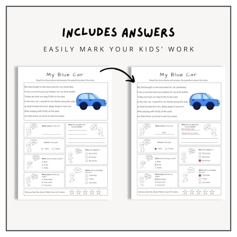 Peut inclure: Une feuille de travail imprimable pour les enfants avec une voiture bleue et des questions sur l'histoire "Ma voiture bleue". La feuille de travail comprend une question vrai ou faux, des questions &agrave; choix multiples et une &eacute;chelle de notation pour l'histoire.