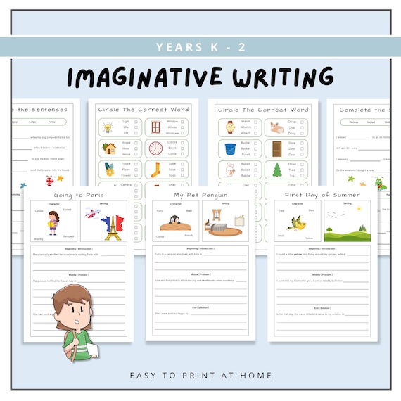 Imaginative Writing Bundle Worksheets, Grades K-2, Creative Writing, Writing Practice, Kids Reading Activity, Printable Teacher Resources