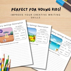 May include: Three printable worksheets for young children to practice creative writing skills. Each worksheet features a colorful illustration and a list of key words to use in a story. The first worksheet shows a UFO and an alien in a desert landscape. The second worksheet shows a campsite with a tent and a campfire. The third worksheet shows a beach scene with a turtle, a seagull, and a sailboat.