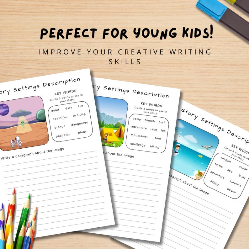 May include: Three printable worksheets for young children to practice creative writing skills. Each worksheet features a colorful illustration and a list of key words to use in a story. The first worksheet shows a UFO and an alien in a desert landscape. The second worksheet shows a campsite with a tent and a campfire. The third worksheet shows a beach scene with a turtle, a seagull, and a sailboat.